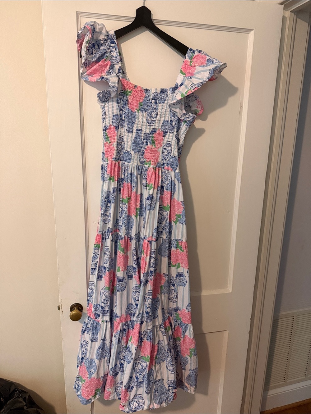 OAK Floral Smocked Cotton Maxi Dress in White, Blue & Pink